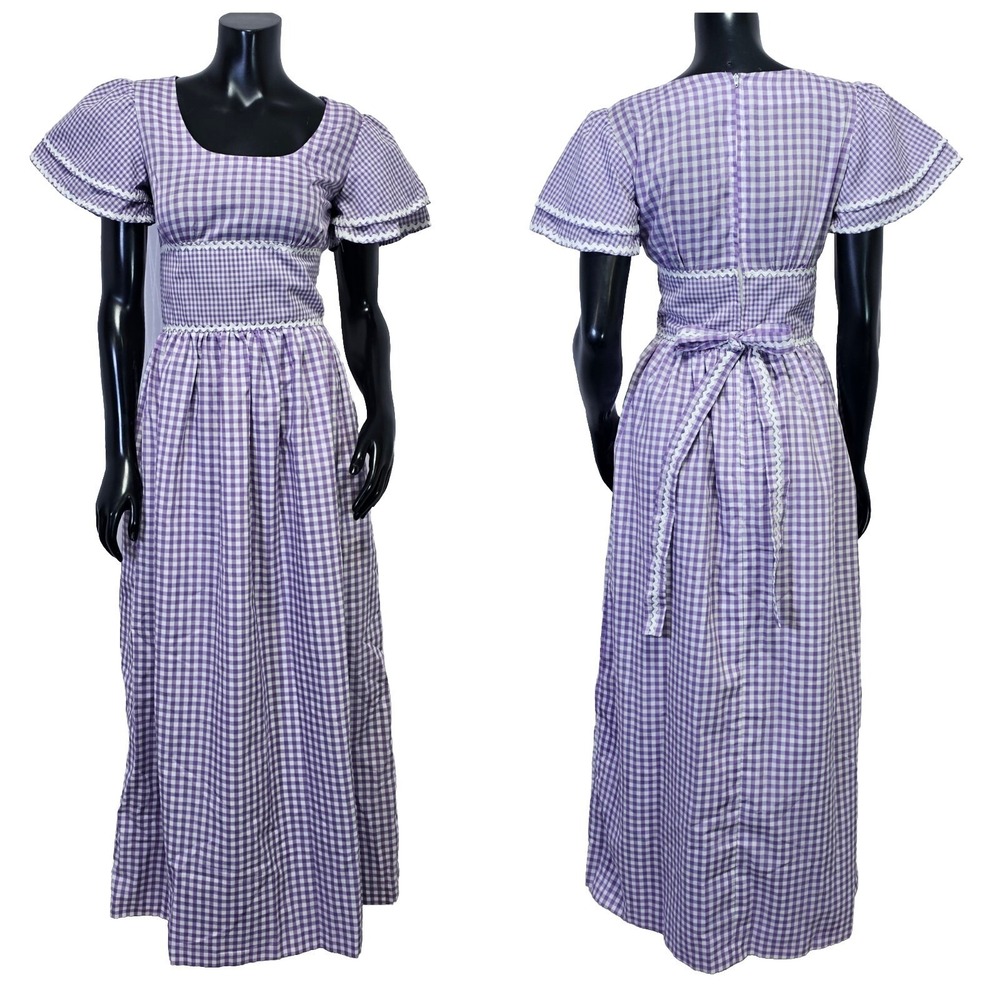 VTG 70s Purple Gingham Maxi‎ Dress Prairie Cottagecore Lace Trim Flutter Sleeve - Picture 2 of 16